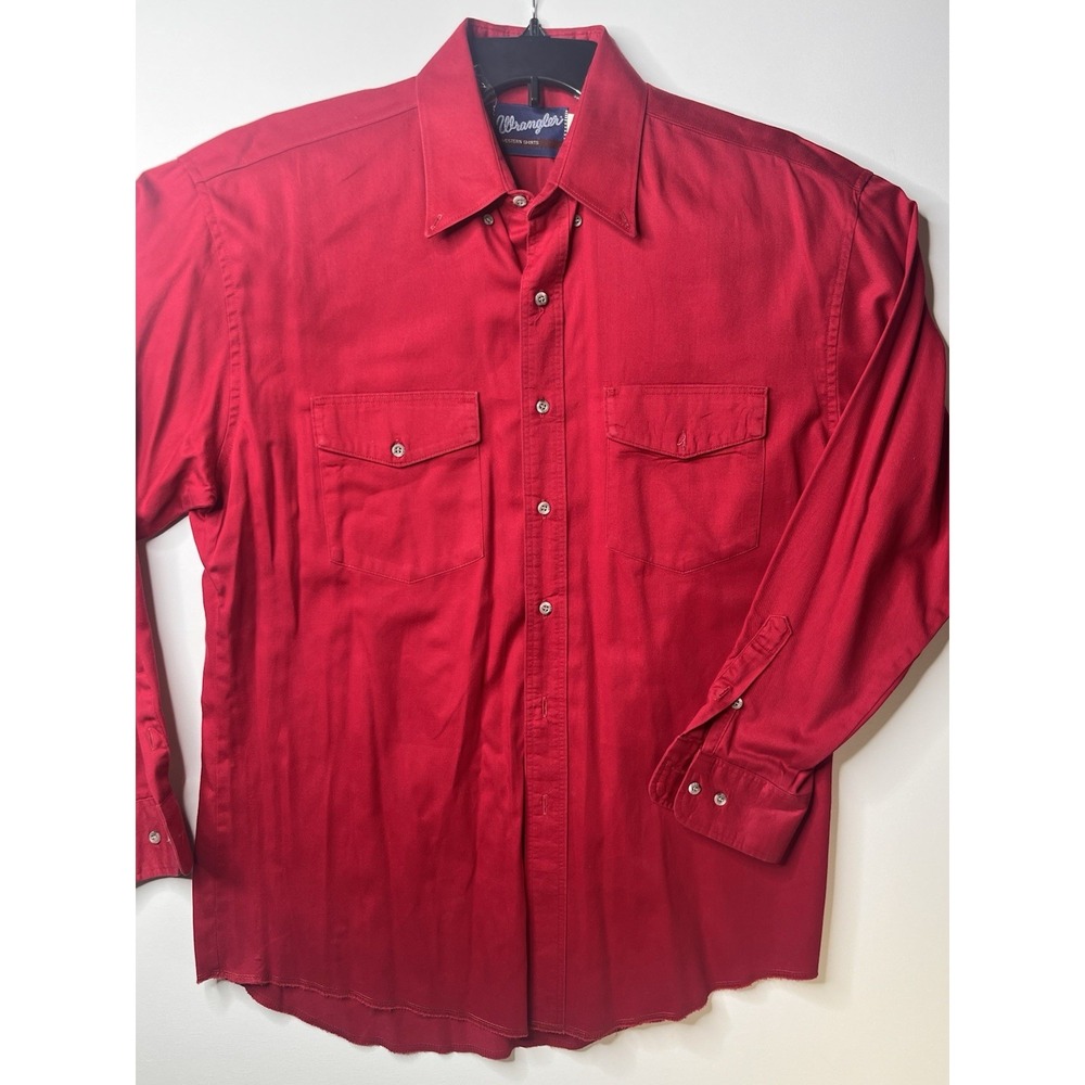 Vintage Wrangler Red Cotton Western Cowboy Button Up Shirt 17-34